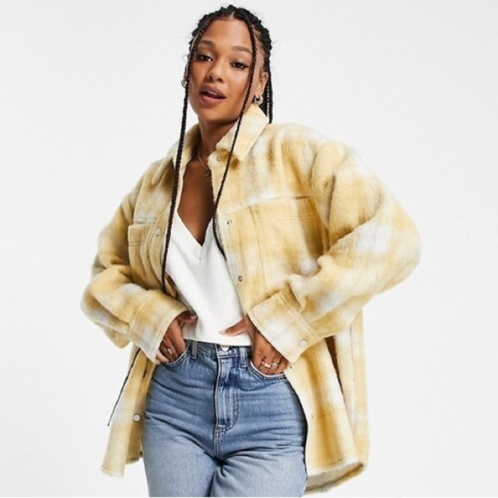 TOPSHOP Wool Overshirt Shacket In Yellow Plaid - Size 8-10